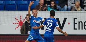 Hoffenheims Fabian Johnson (l) jubelt mit Firmino über sein Tor 1899 Hoffenheim, Fabian Johnson, Firmino