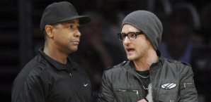 Ein glühender NBA-Fan: Justin Timberlake, hier mit Denzel Washington bei den Lakers Justin,Timberlake,nba,playoffs,lakers,denzel,washington