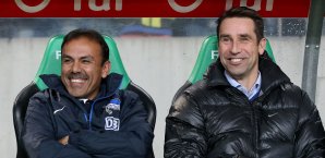 Freuen sich über den steilen Aufstieg ihrer Hertha: Jos Luhukay (li.) und Manager Michael Preetz Bundesliga,Hertha BSC,Jos Luhukay,Michael Preetz