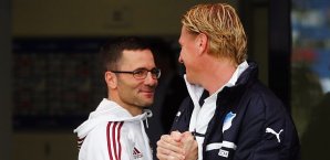 Michael Wiesinger (li.) und Markus Gisdol begegnen sich am ersten Spieltag Michael Wiesinger, Markus Gisdol, Nürnberg, Hoffenheim